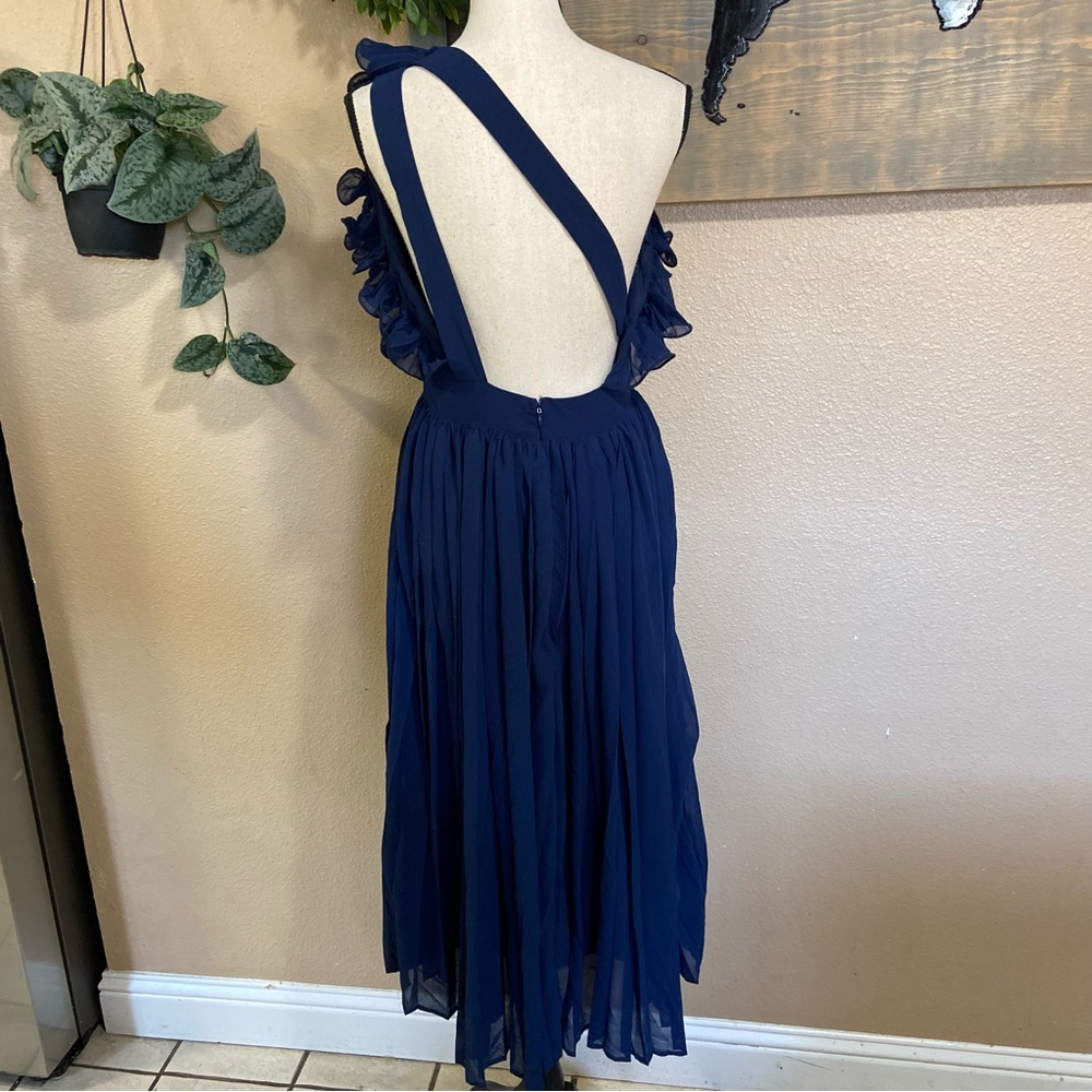 NWOT Lulus Splendid Charisma Navy Ruffled Pleated One-Shoulder Midi Dress - Picture 5 of 10